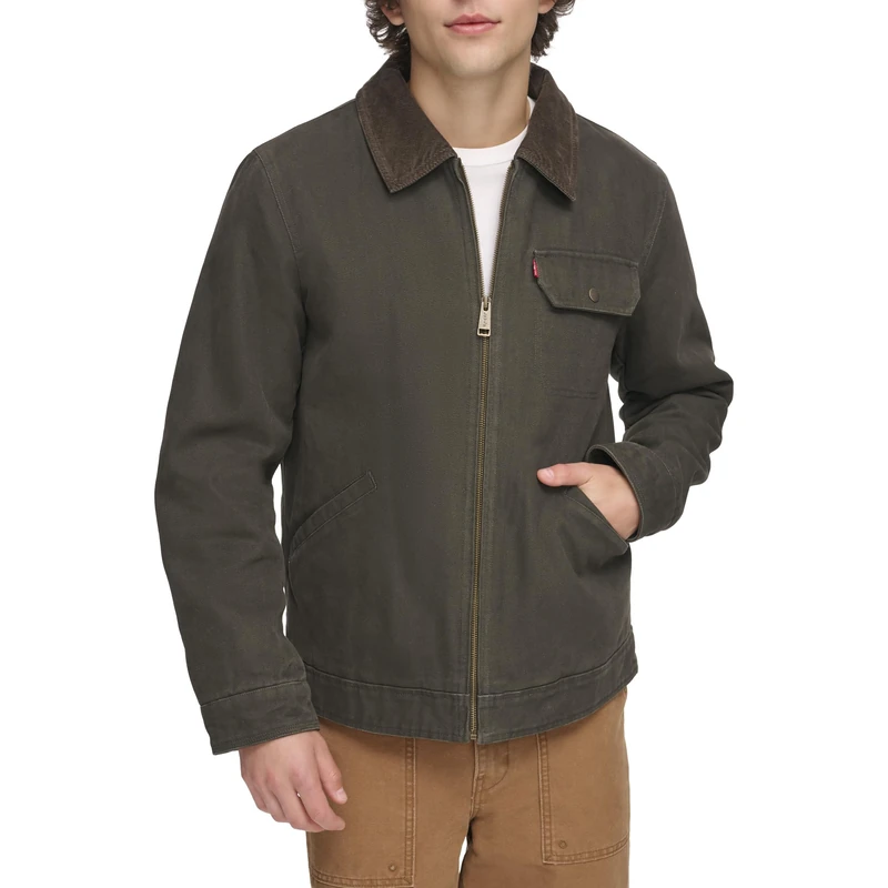 Levi's Men's Workwear Cotton Canvas Corduroy Collar Depot Jacket, Olive, S