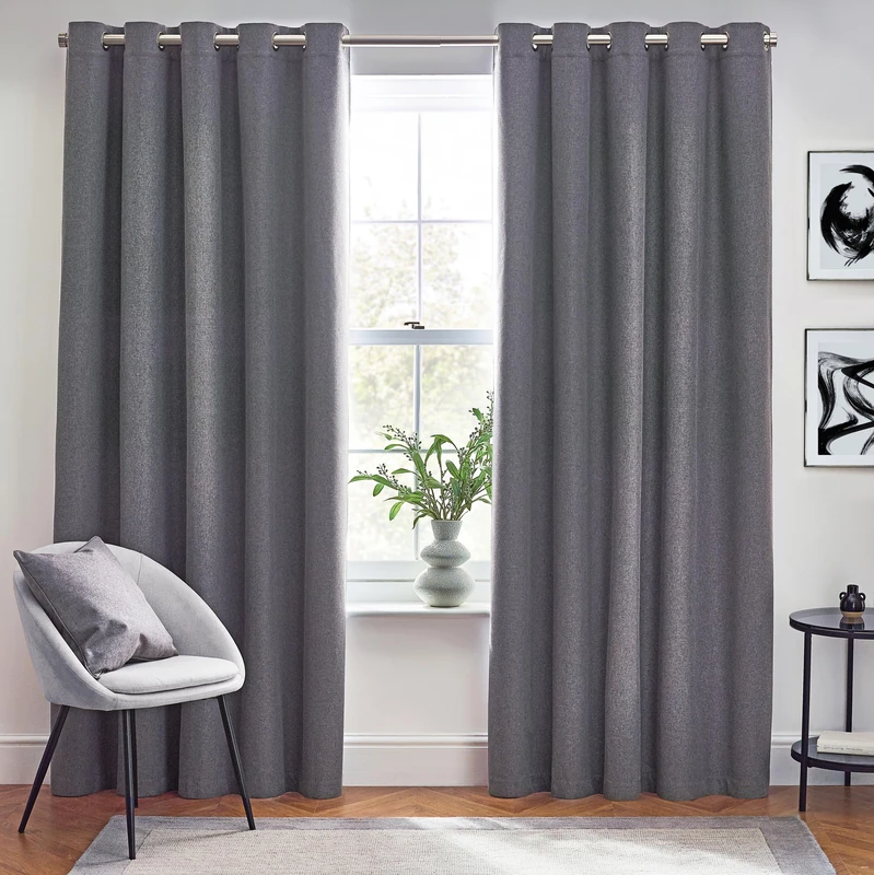furn. Dawn Textured Blackout Eyelet Curtains – Thermal Lined Pair (Charcoal - Width 117 x Drop 137cm)
