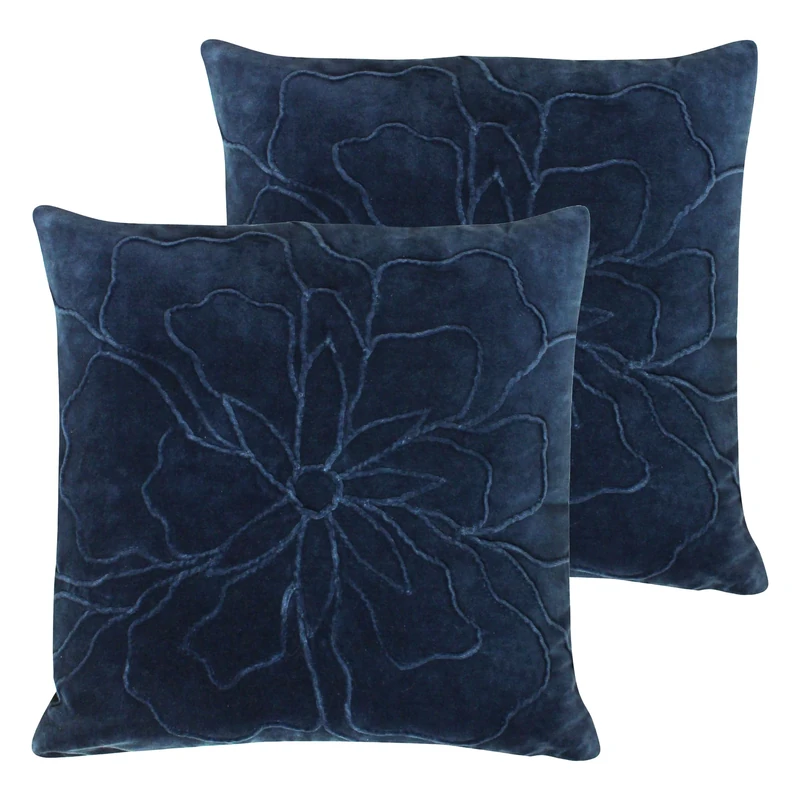 furn. Angeles Floral Velvet Feather Filled Cushion - Twin Pack, Navy, 45 x 45cm