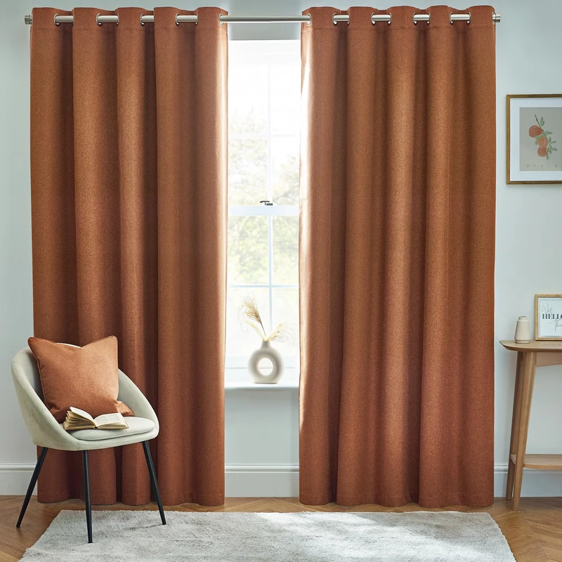 furn. Dawn Textured Blackout Eyelet Curtains – Thermal Lined Pair (Brick - Width 168 x Drop 137cm)