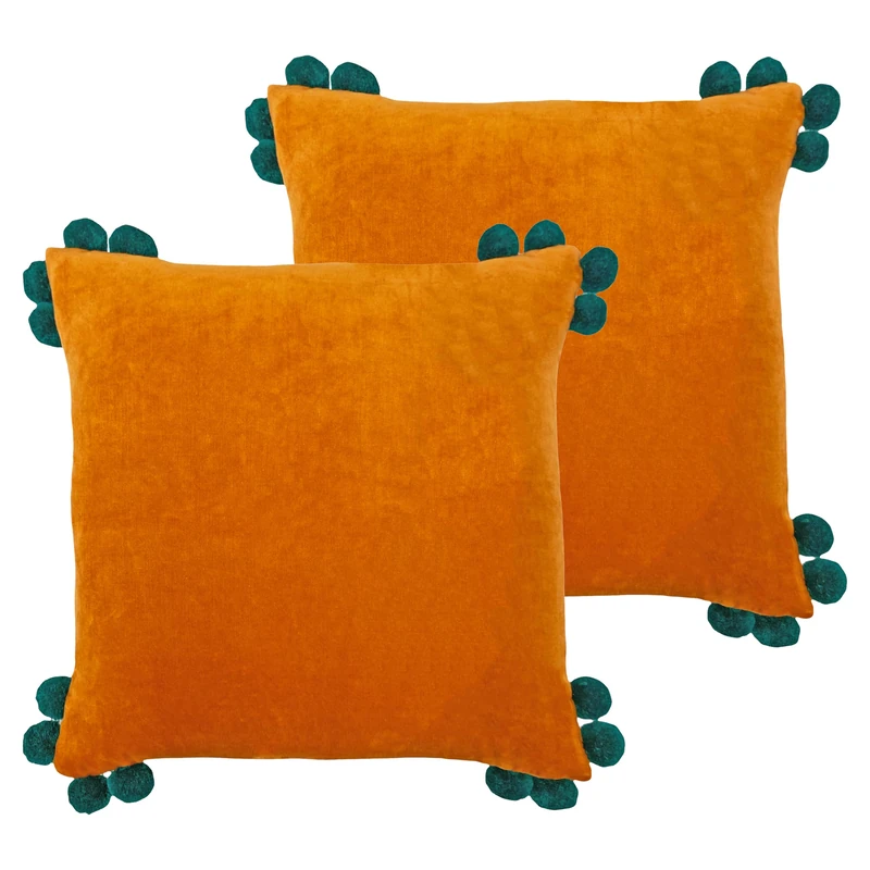 furn. Hoola Pom-Pom Feather Filled Cushion - Twin Pack, Orange/Teal, 45 x 45cm - Image 1