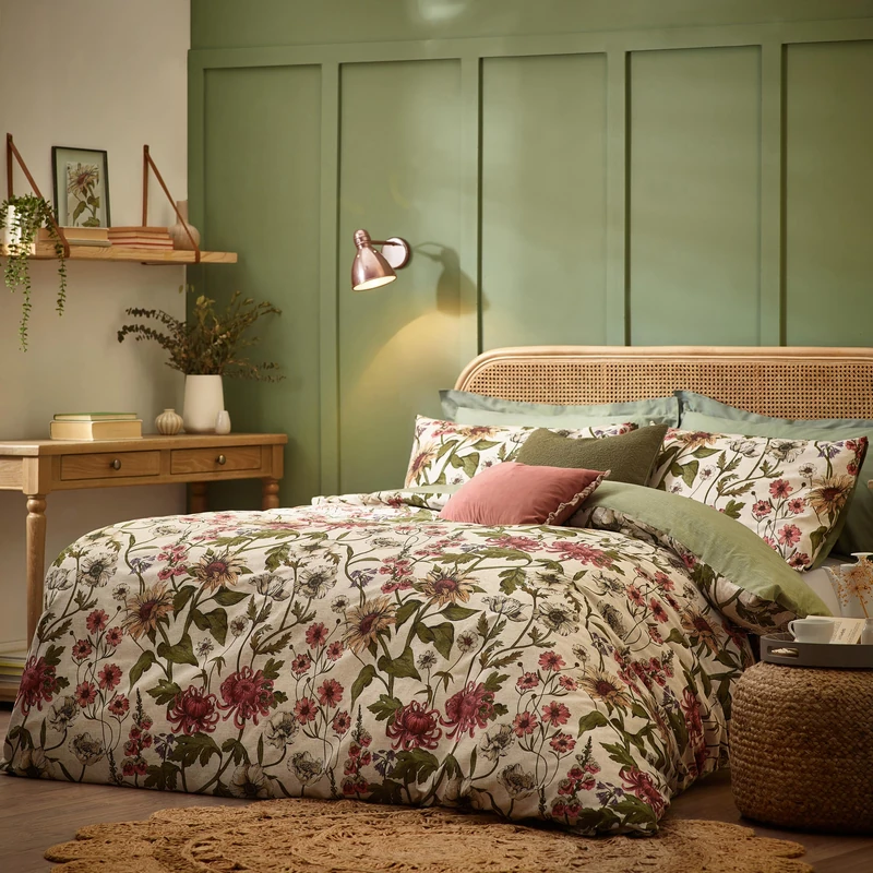 Wylder Nature Wallflower Botanical Duvet Cover Set – Vintage Botanics Linen Look (Natural – Super King)