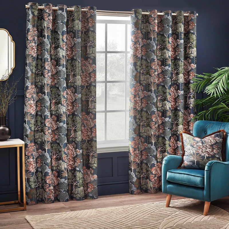 Wylder Nature Woodlands Eyelet Curtains - 2 Panels - Width x Drop - 168 x 137cm (66 x 54) - Navy