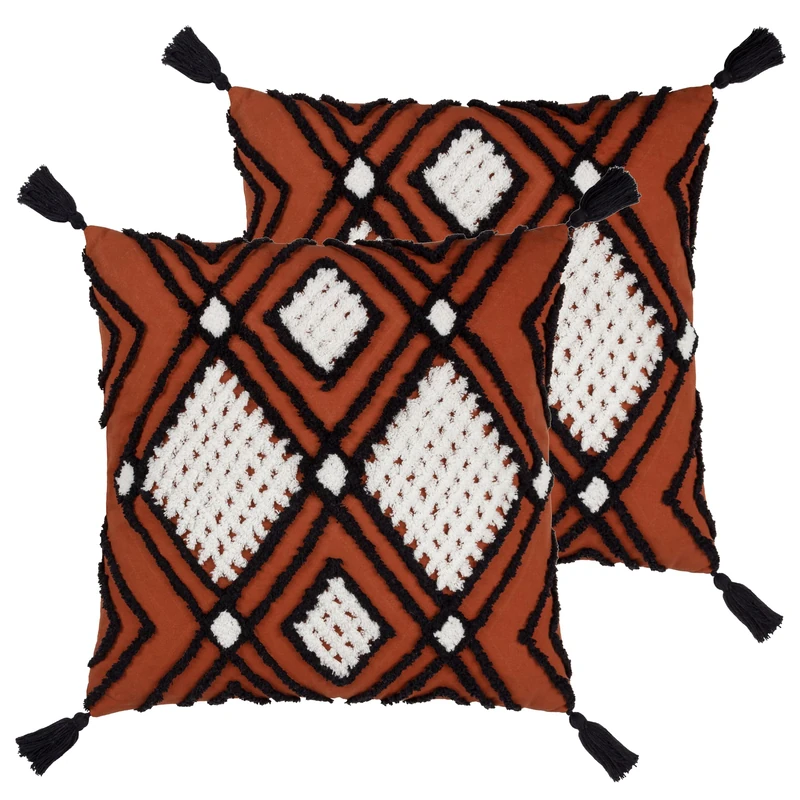 furn. Aquene Tufted Tasselled Feather Filled Cushion - Twin Pack, Brick/Black, 50 x 50cm