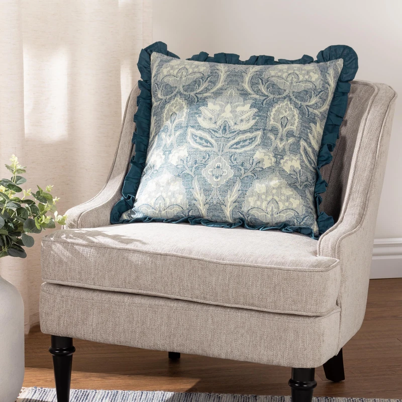 Paoletti Kirkton Floral Pleat Fringe Feather Filled Cushion - Twin Pack, French Blue, 50 x 50cm
