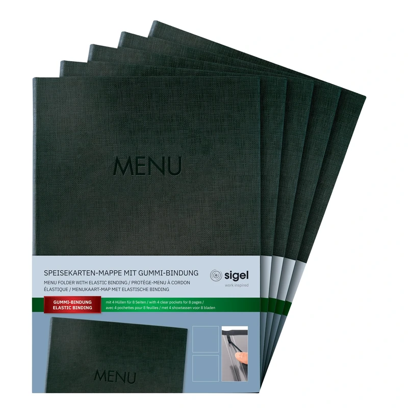 SIGEL SM206 Set of 5 Menu folders with elastic cord, with 2 transparent pocket for 8 DIN A4 sheets, Menu embossing, anthracite