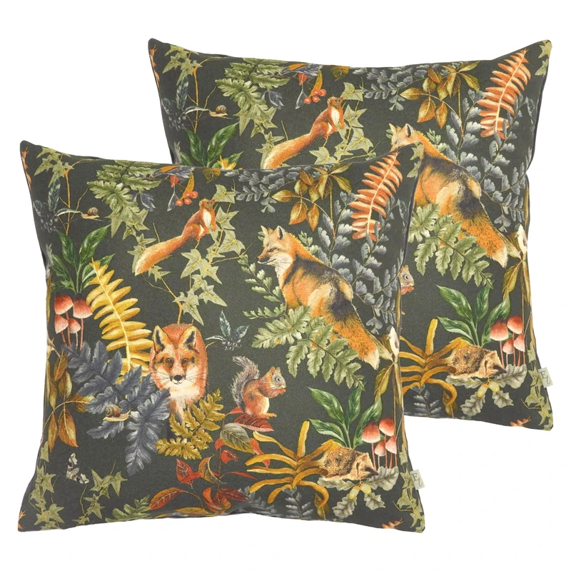 Evans Lichfield Forest Fox Repeat Feather Filled Cushion - Twin Pack, Grey, 43 x 43cm