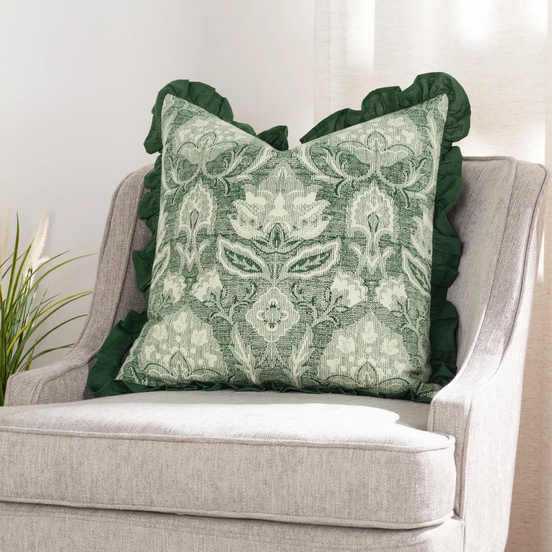 Paoletti Kirkton Floral Pleat Fringe Feather Filled Cushion - Twin Pack, Bottle Green, 50 x 50cm
