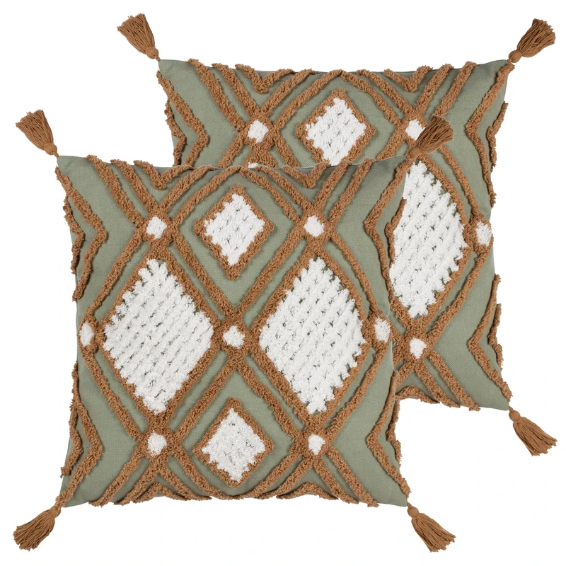 furn. Aquene Tufted Tasselled Feather Filled Cushion - Twin Pack