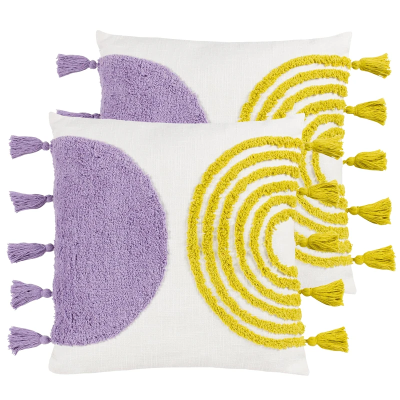 Heya Home Archow Cotton Tufted Feather Filled Cushion - Twin Pack, Lilac/Yellow, 45 x 45cm