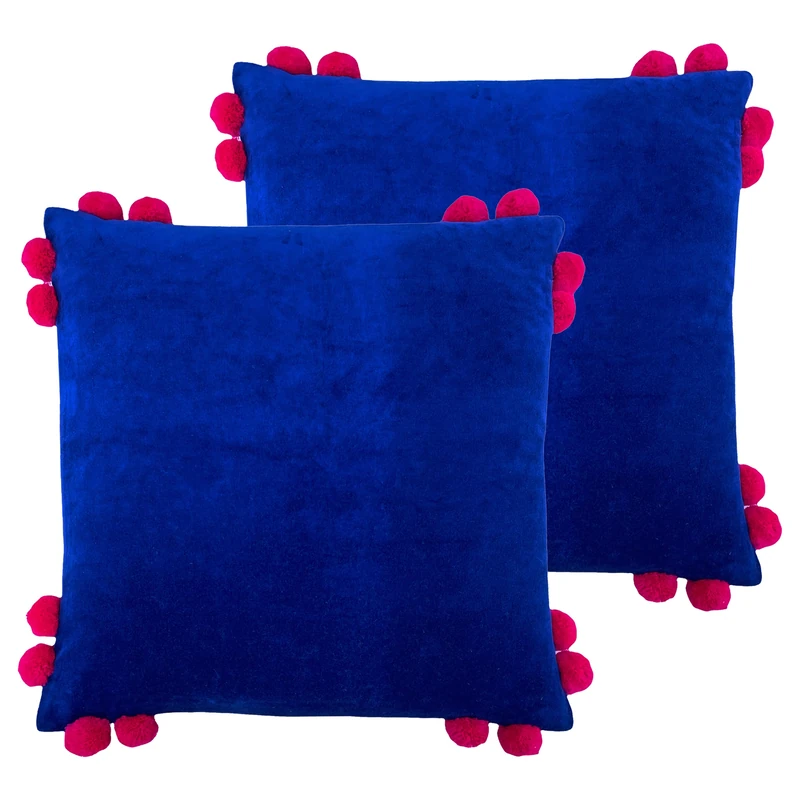 furn. Hoola Pom-Pom Feather Filled Cushion - Twin Pack, Blue/Pink, 45 x 45cm - Image 1