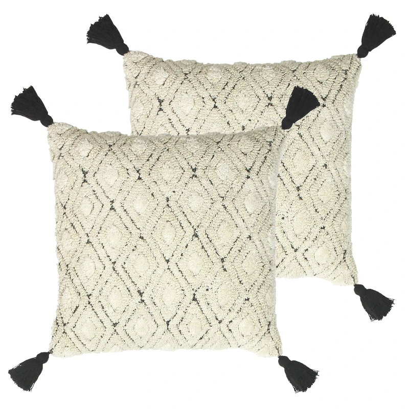 furn. Berbera Geometric Tufted Feather Filled Cushion - Twin Pack, Natural/Black, 45 x 45cm