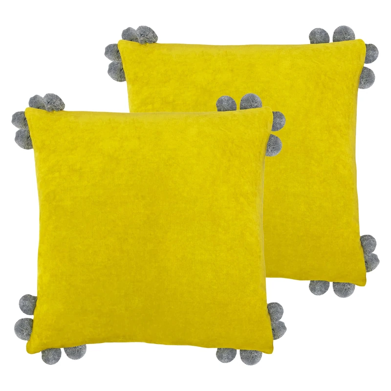 furn. Hoola Pom-Pom Polyester Filled Cushion - Twin Pack, Yellow/Grey, 45 x 45cm