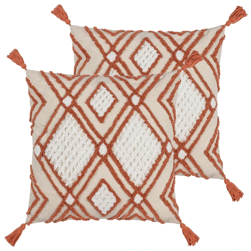 furn. Aquene Tufted Tasselled Feather Filled Cushion - Twin Pack, Natural/Brick, 50 x 50cm