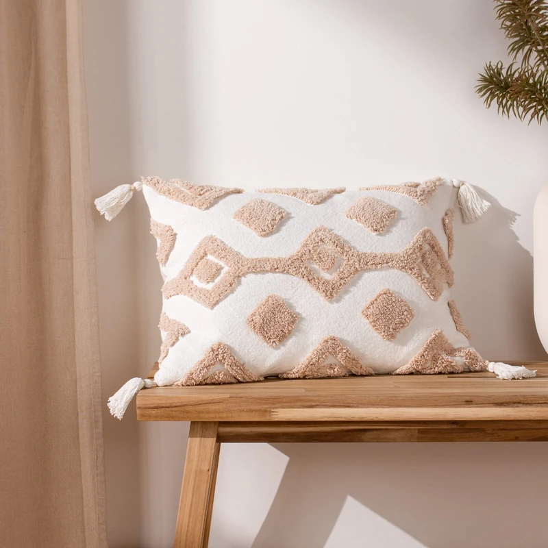 furn. Dharma Tufted Tasselled Feather Filled Cushion - Twin Pack, Natural, 35 x 50cm