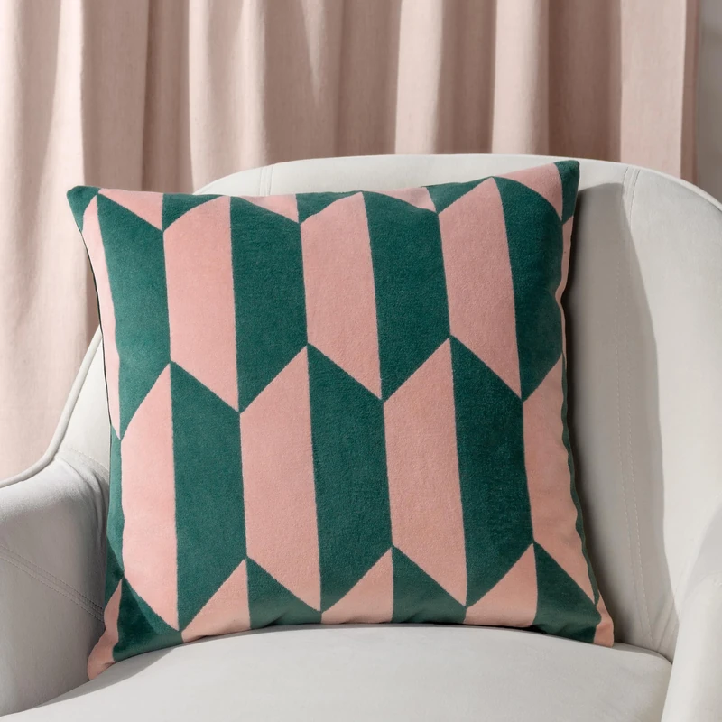 furn. Kalho Geometric Velvet Feather Filled Cushion - Twin Pack, Pink/Green, 45 x 45cm