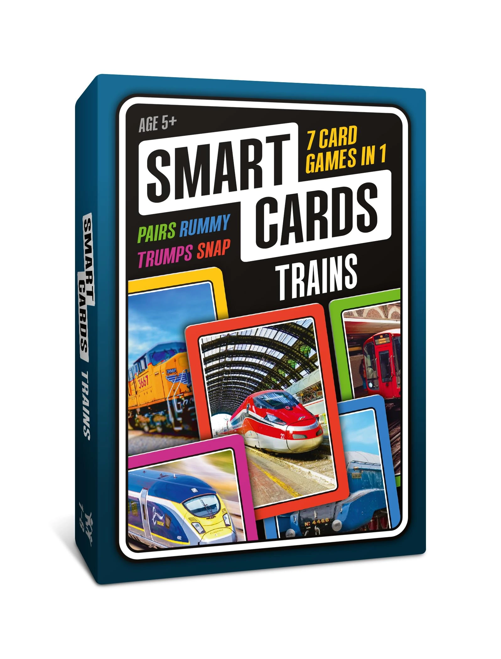 SMART CARDS Trains, Gift, Stocking Filler, Travel Card Game, 7 games in 1, Pairs, Snap, Trumps, Rummy, Memory Quiz, Trivia, Age 5+, 1-8 Players