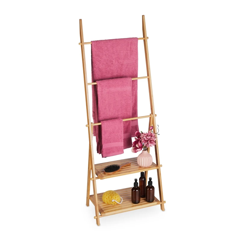 Relaxdays Towel Bamboo, 3 Bars, 2 Storage Shelves, HWD: 134 x 53 x 31.5 cm, Free-Standing, Bathroom Rack, Natural