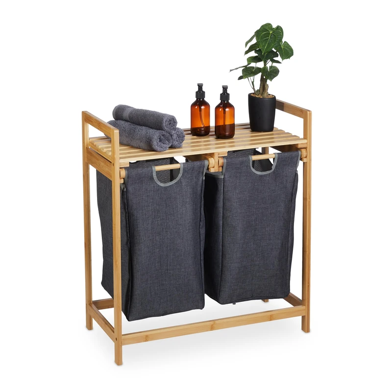 Relaxdays Laundry Basket Shelf, Bamboo, Pull-out Bins, 2 Compartments & 1 Shelf, Sorting, HWD: 73x64x33 cm, Natural/Grey - Image 1