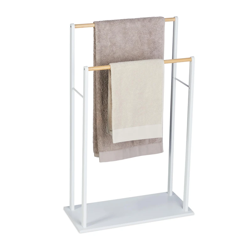Relaxdays Towel Rack, 2 Bars, MDF & Bamboo, HWD: 91.5 x 57 x 25 cm, Free-Standing, Bathroom Drying Rail, White/Natural, Fibreboard
