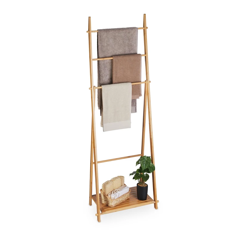 Relaxdays Towel Stand Bamboo, 4 Bars and a Storage Shelf, HWD: 153 x 53.5 x 30 cm, Free-Standing, Bathroom Rack, Natural - Image 1