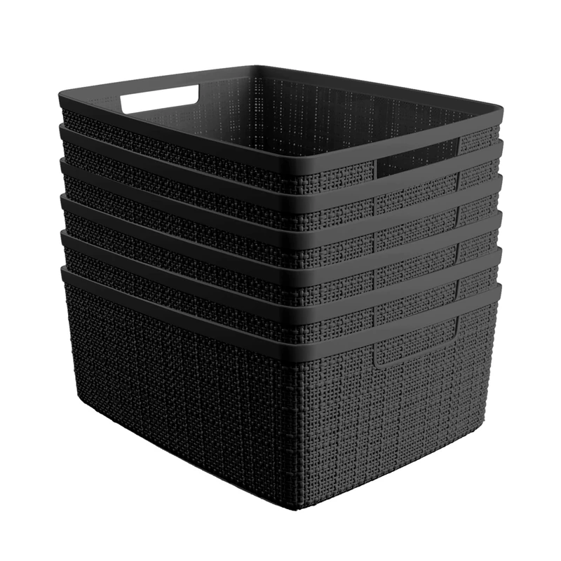 Curver Set of 6 Jute Medium Decorative Plastic Organization and Storage Baskets Perfect Bins for Home Office, Closet Shelves, Kitchen Pantry and All Bedroom Essentials, Black