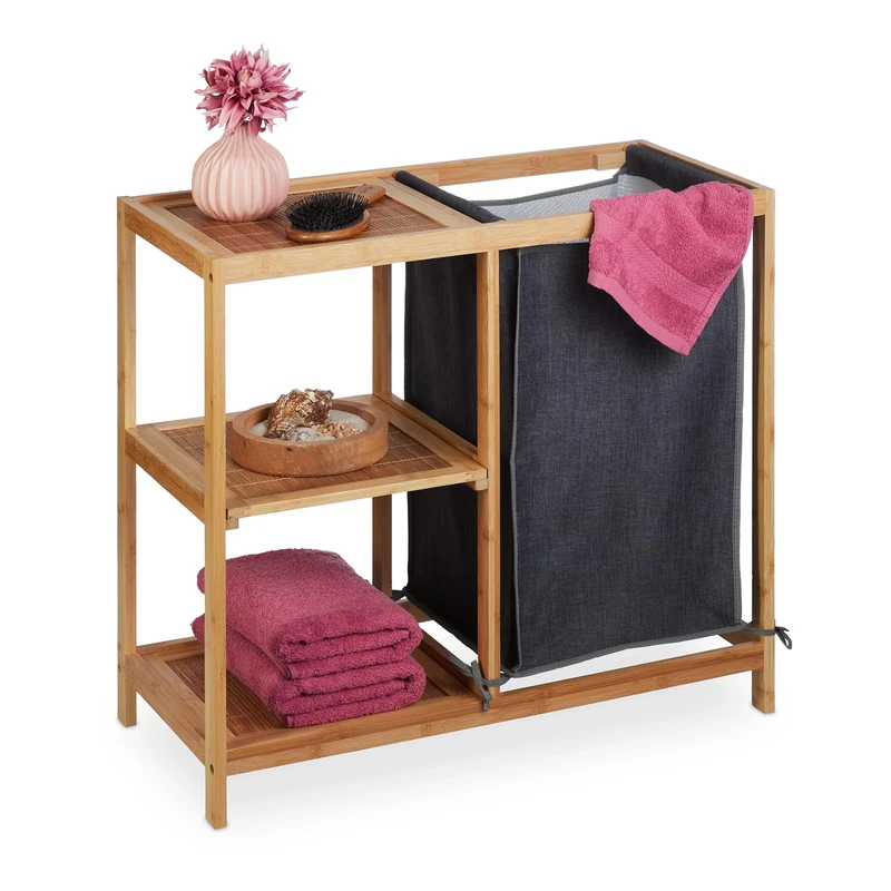 Relaxdays Bamboo Laundry Basket Shelf, 3 Levels, Removable Fabric Bag, HxWxD: 65x68x33 cm, Bathroom Bin, Natural/Grey