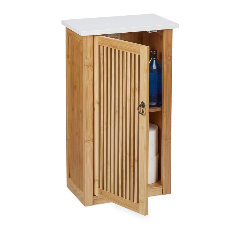 Relaxdays Bathroom Cabinet, Wall Mounted, Wooden, Bamboo, Storage, Cupboard, HxWxD: 60 x 34.5 x 21cm, MDF, Natural/White