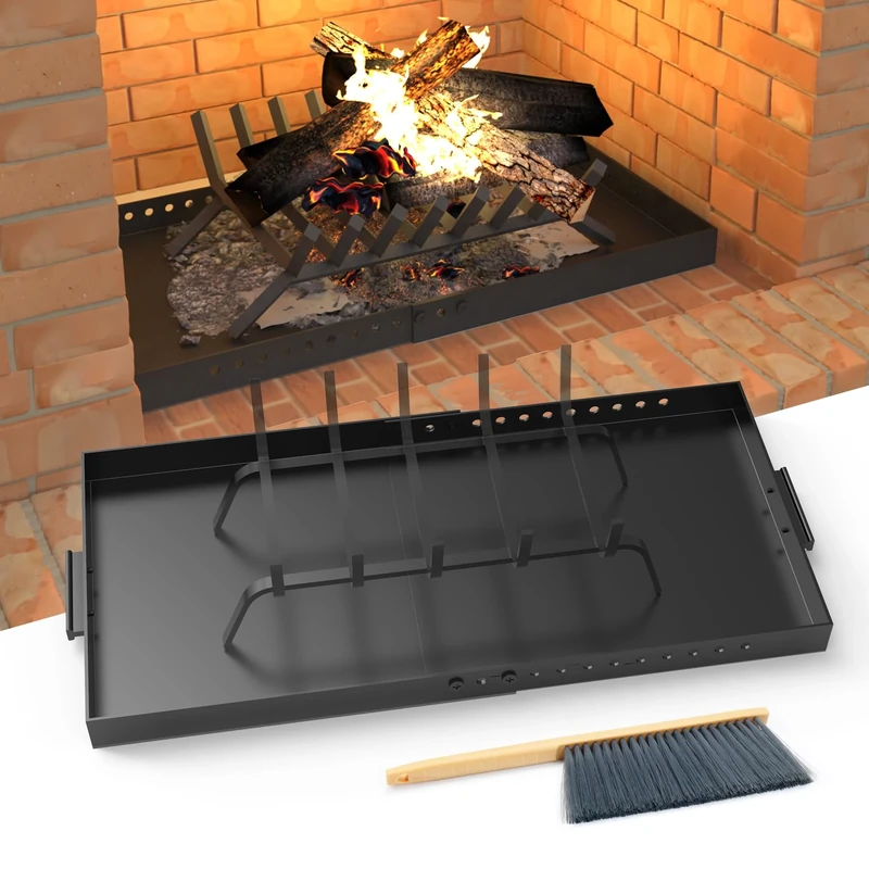 GCGOODS Fireplace Tray with Handles, Expandable Ash Pan for Ash Collection, Adjustable Ember Holder Fireplace Pan with Powder Coating, Brush Included for Easy Cleaning, Black, Rectangle