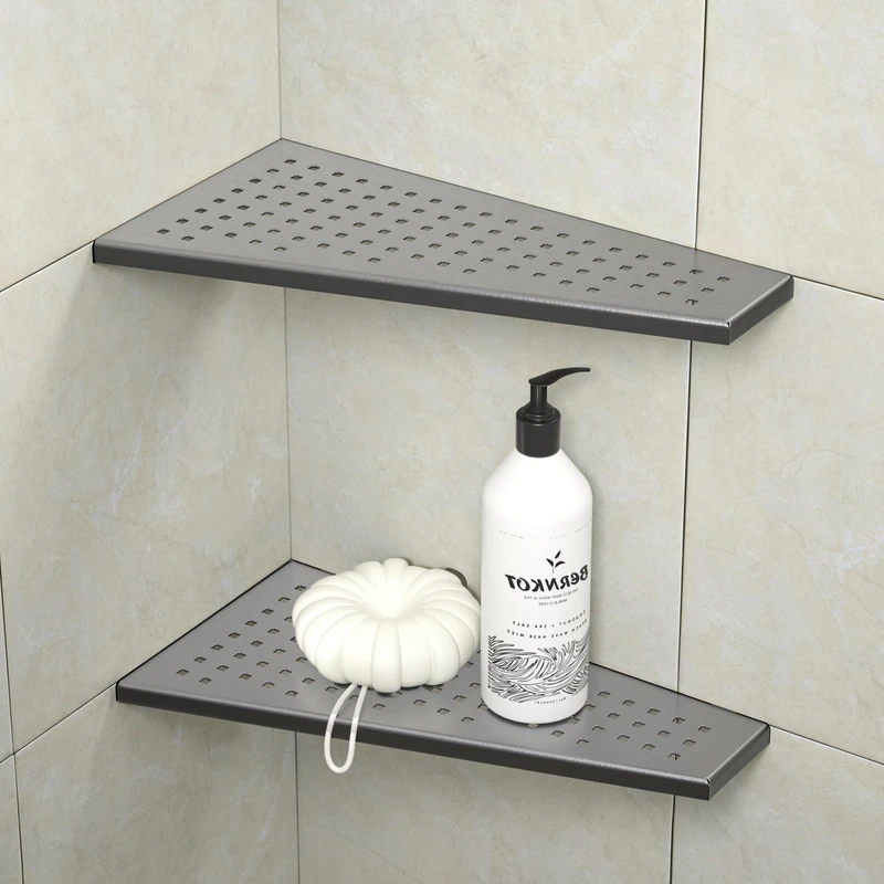 Bernkot Corner Shower Shelf 12 Inch Trapezoidal Floating Shelf 304 Stainless Steel Grid Design Recessed Bathroom Shelf for Tiled Wall No Drilling Gunmetal 12 Inch Pack