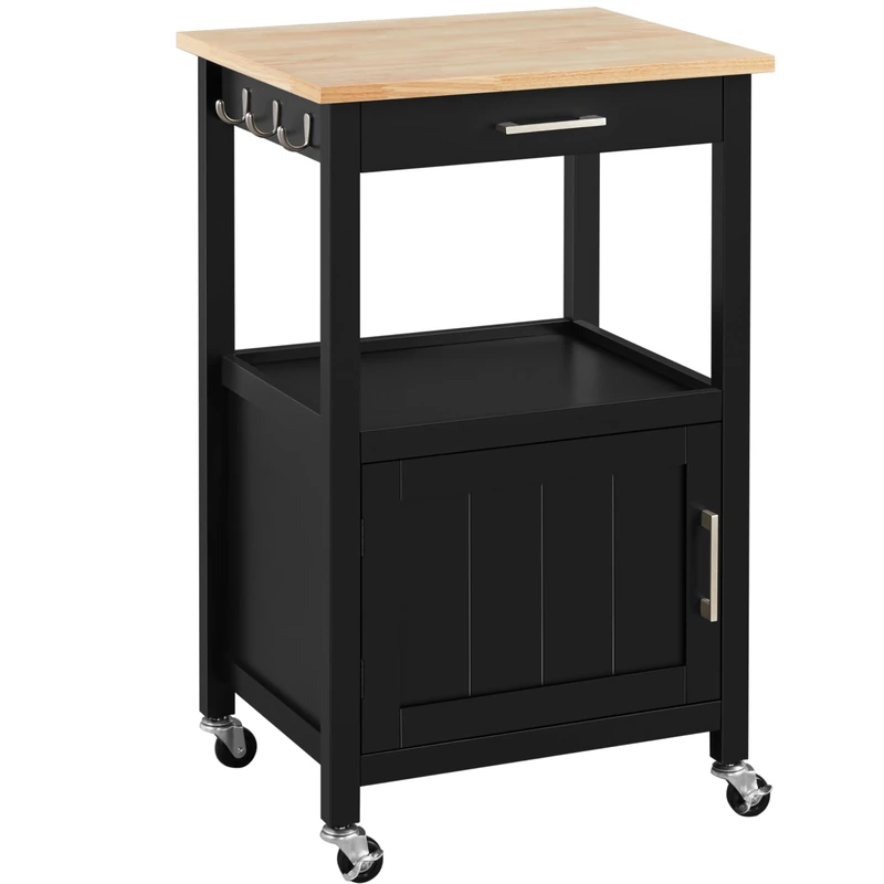 Yaheetech Kitchen Island on Wheels, Kitchen Storage Trolley with Cabinet & Drawer & 3 Hooks, Rolling Utility Cart for Dining Room Living Room, Black