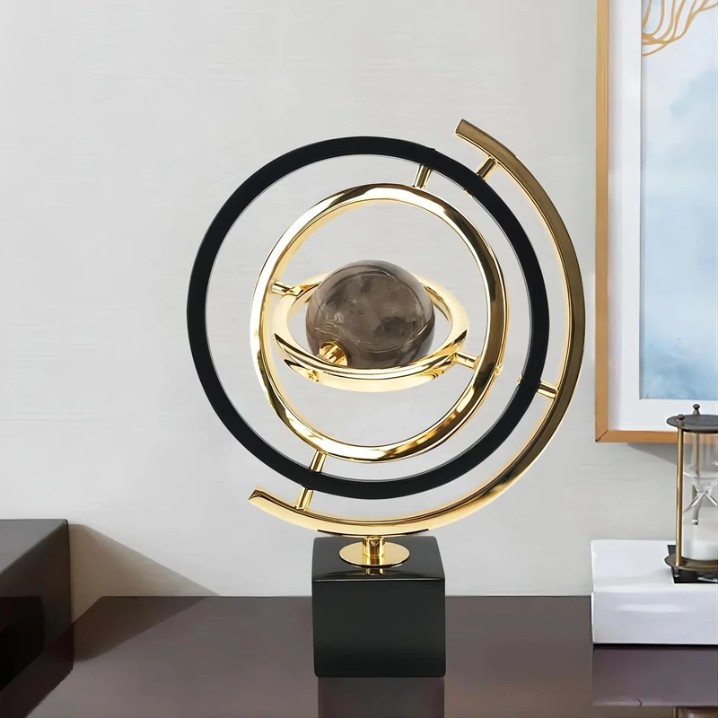 Homary Modern Sculpture Decor Abstract Art Decoration Metal Globe Ornament with Rectangle Stand – Black & Gold