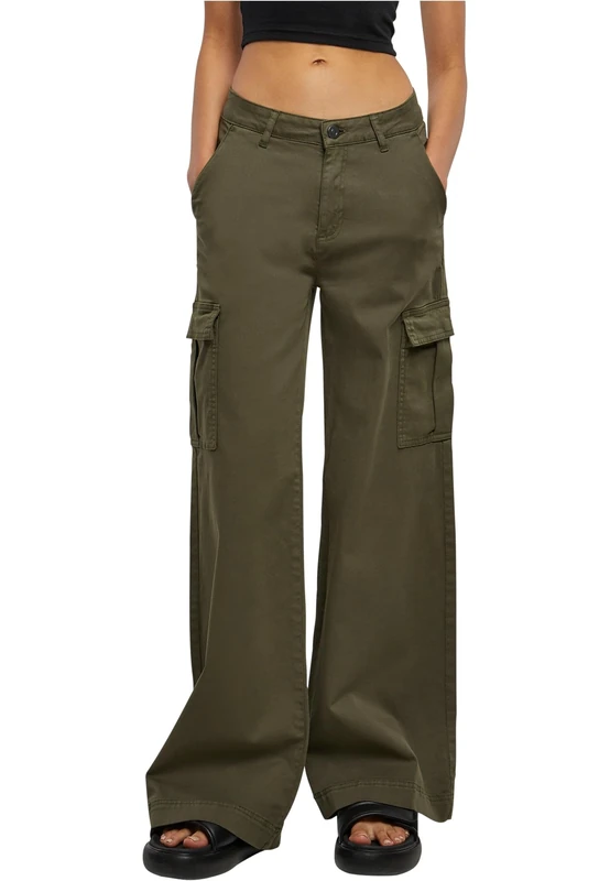 Urban Classics Ladies High Waist Wide Leg Twill Cargo Pants Women Cargo Trousers Black, Olive, 4