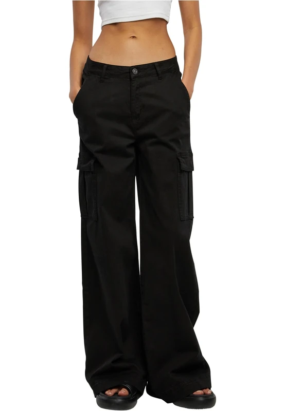 Urban Classics Women's Ladies High Waist Wide Leg Twill Cargo Pants, Black, 8
