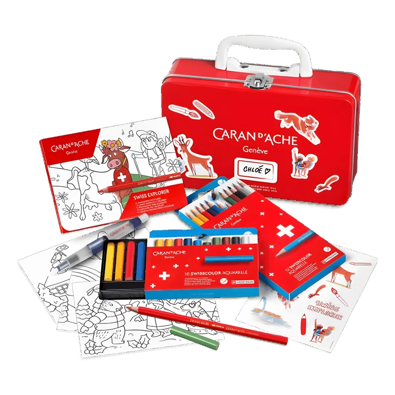 Caran d'Ache Swisscolor 3000.223 Red Metal Travel Set with Metal Locking System and White Plastic Handle