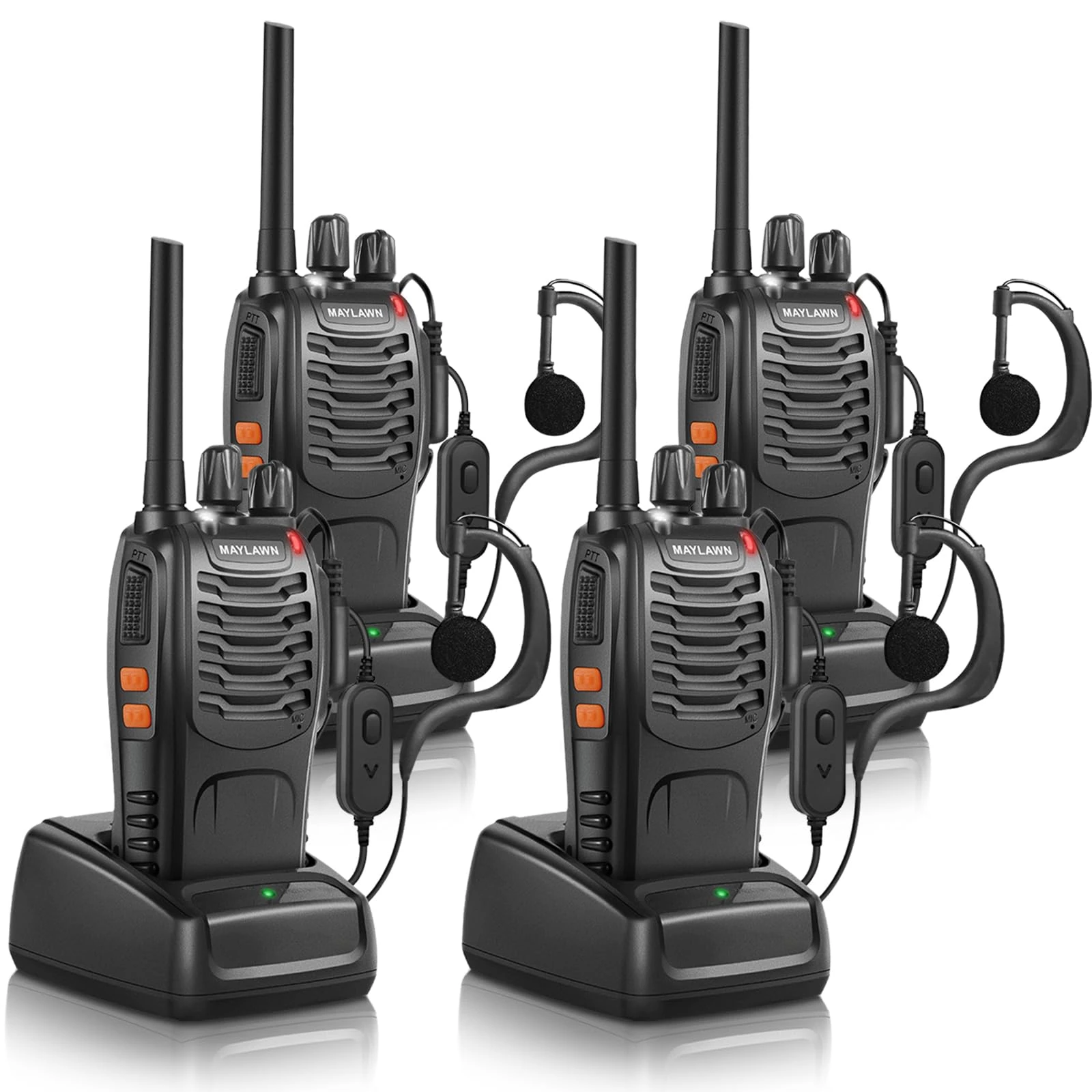 Maylawn Walkie Talkies Pack of 4, Long Range Walkie Talkies for Adults with Rechargeable Batteries, Portable 2 Way Radio with LED Light Earpieces 16CH Supports VOX Function (PMR446)