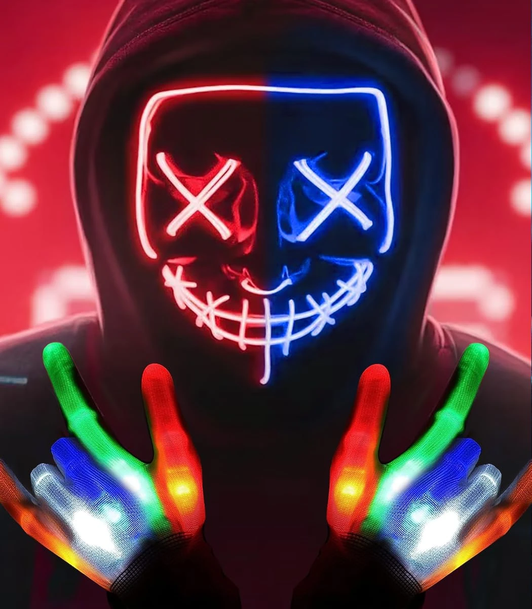 SogYupk Halloween Purge Mask with Gloves LED Scary Mask for Halloween Costume Party, Masquerade Cosplay Light Up Purge Face Cover with 3 Lighting Modes for Men Women Adults Kids (Red+Blue)