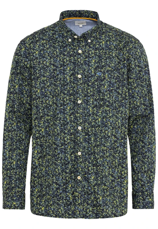 camel active Men's Herren Langarm Hemd mit Allover-Print Schwarz-Gelb, Menswear-XL Shirt, Black/Yellow