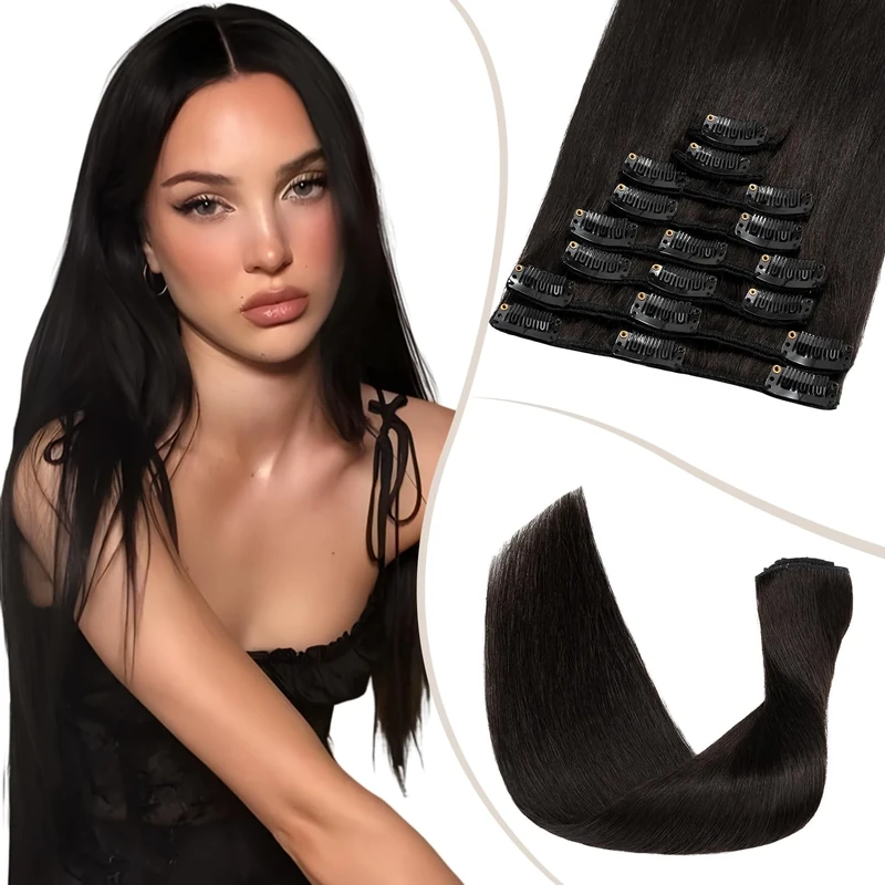 TESS Clip in Hair Extensions Real Human Hair Black Remy Seamless 8 Pieces Straight for Women/Girls (#1B Natural Black, 20 Inch 70g)