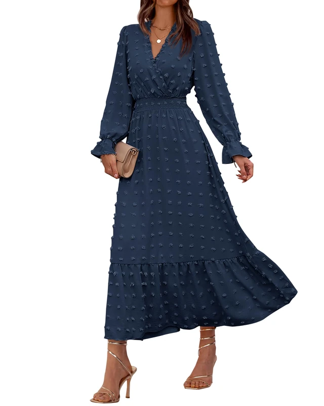 BTFBM Women Fall Maxi Dresses 2025 Long Sleeve V Neck Swiss Dots High Waisted A-Line Ruffle Boho Long Dress Vacation, Navy, XXL - Image 1