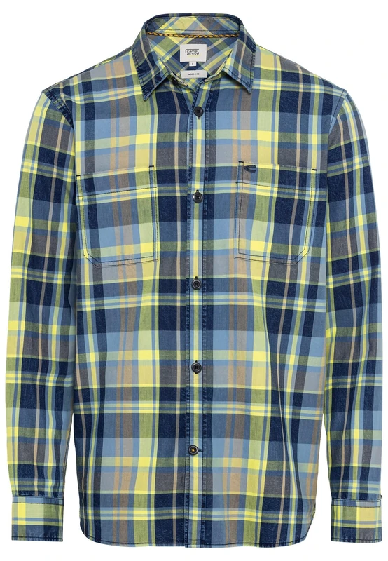 camel active Men's Herren Kariertes Hemd aus Reiner Baumwolle Blau-Gelb, Menswear-XL Shirt, Blue/Yellow