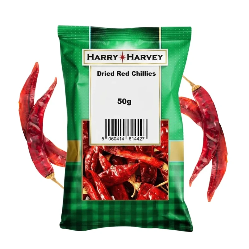 Harry Harvey Dried Red Chillies Whole 50g | Sun Dried Kashmiri Chilli, Hot Mirch Peppers & Long Red Chilli for Curries, Rice, Pickles & Seasoning | Natural Spice Herb for Authentic Indian Cooking