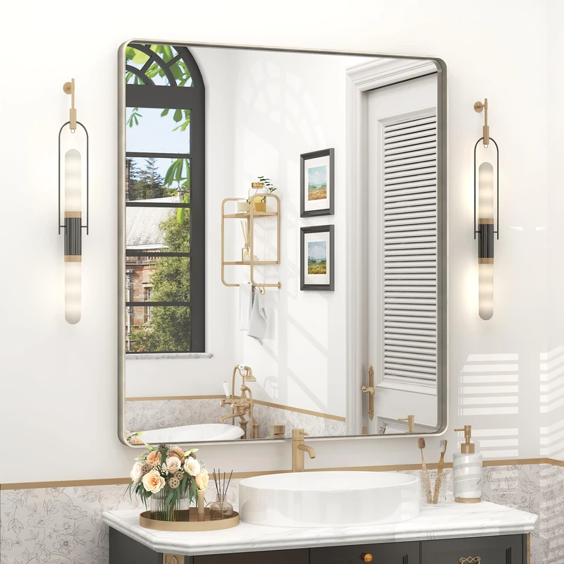 32x36 Inch Brushed Nickel Bathroom Mirror, Brushed Silver Metal Framed Wall Mirror, Rounded Corner Rectangle Modern Vanity Mirror, Tempered Glass, Anti-Rust, Shatterproof (Horizontal/Vertical)