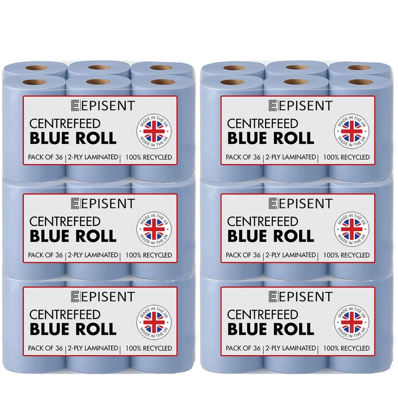 EPISENT Blue Roll 2-Ply Centre Feed Paper Towels, Super Absorbent, Food Safe & Recyclable Commercial Wiping Roll for Kitchen, Garage, Bathrooms & Cleaning Dispensers (Pack of 6-36 Rolls)
