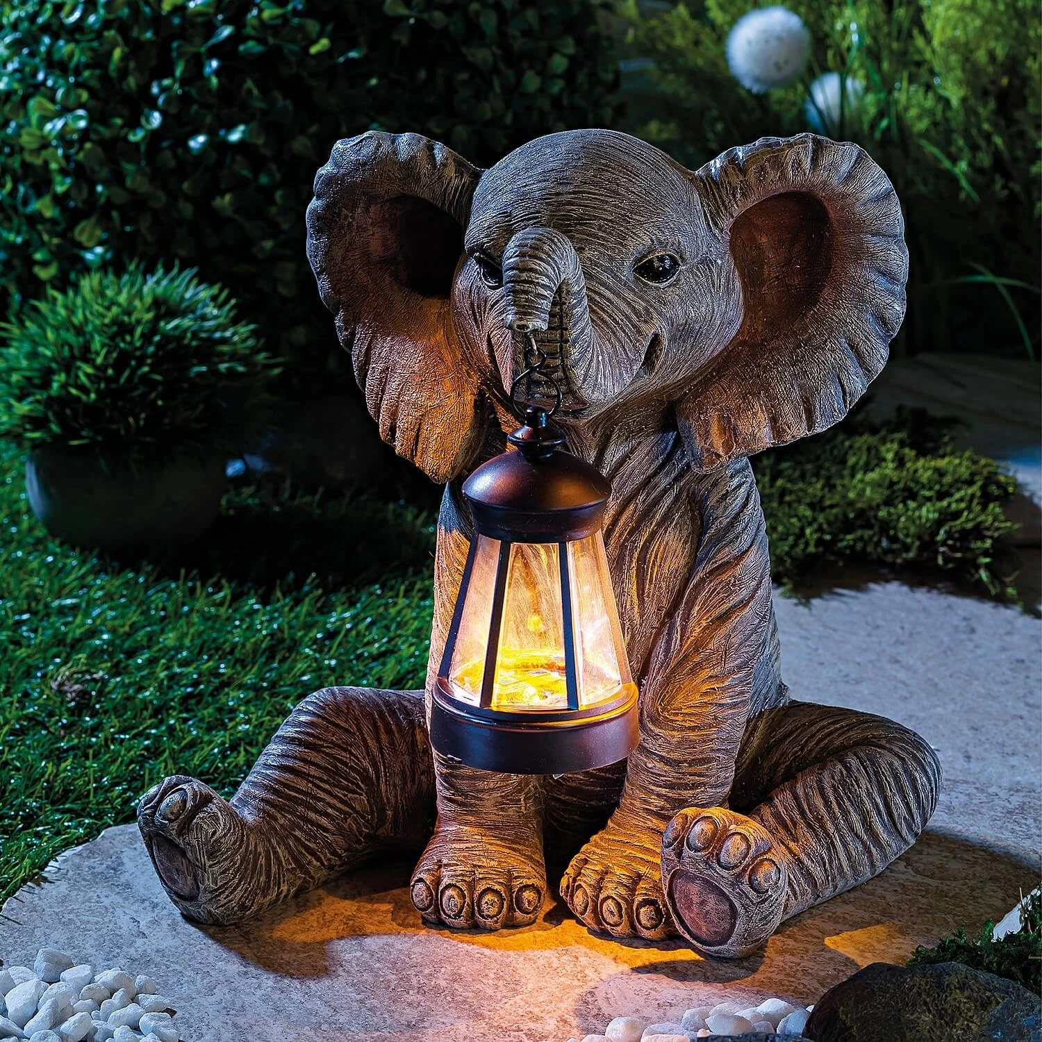 Coopers of Stortford - Elephant Lantern with Solar LED Light Garden Decor Statue Ornament for Doorstep Patio Path Table