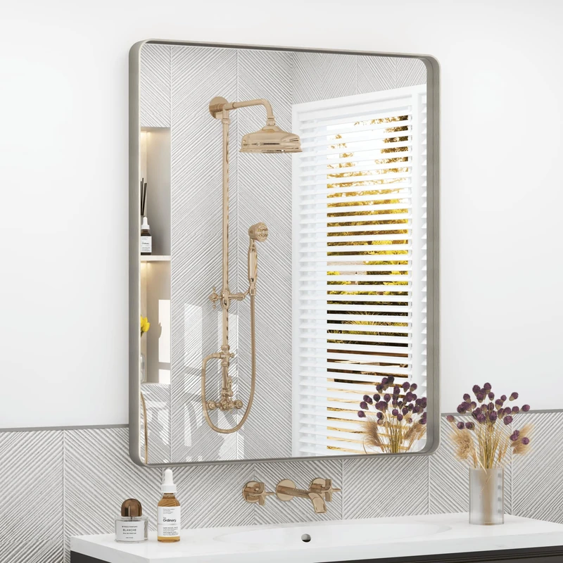 VANLIO Silver Brushed Bathroom Mirror, 24x32 Silver Metal Framed Mirror for Vanity, Rounded Rectangle Modern Wall Mirror, Anti-Rust, Shatterproof(Horizontally/Vertically)