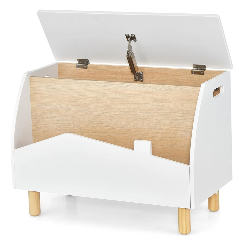 GYMAX Wooden Toy Box, Kids Storage Chest with Book Storage Space, Lid & Safety Hinge, Flip-Top Toddler Toy Organizer for Boys Girls (White, 60 x 30 x 44cm)