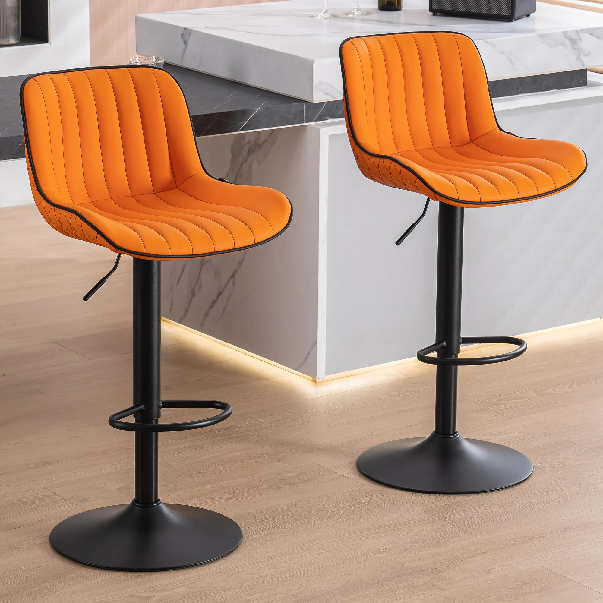 YOUNUOKE Orange Bar Stools Modern Design PU Leather Seat Counter Height Barstool Set of 2 with Backrest 360° Swivel Height Adjustable Bar Chairs Extra Large Base for Breakfast Kitchen Island Pub