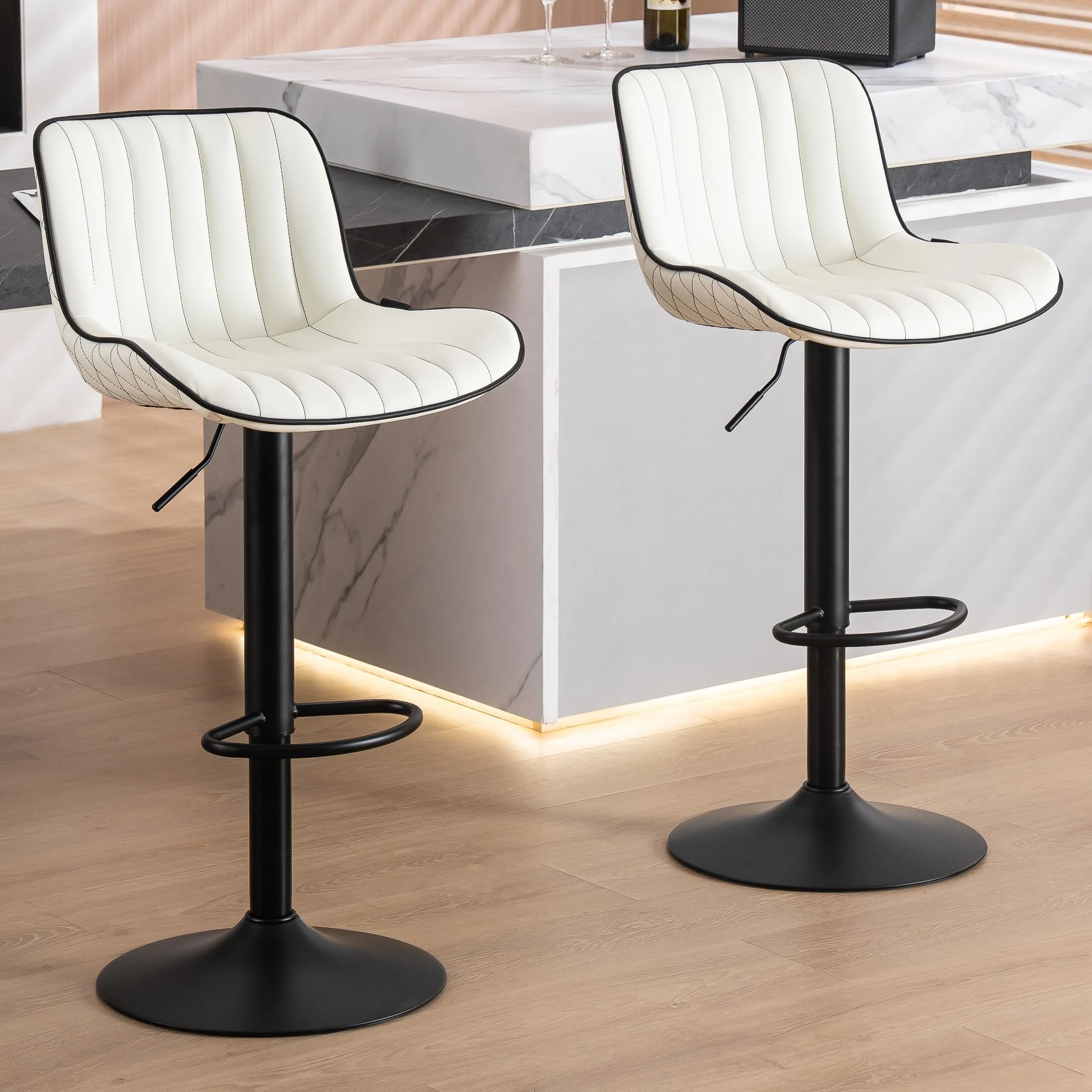 YOUNUOKE White Bar Stools Set of 2 Modern Design Counter Height Barstools with Back PU Leather Seat, Height Adjustable 360°Swivel Chairs with Backrest for Breakfast Bar Counter Kitchen Island