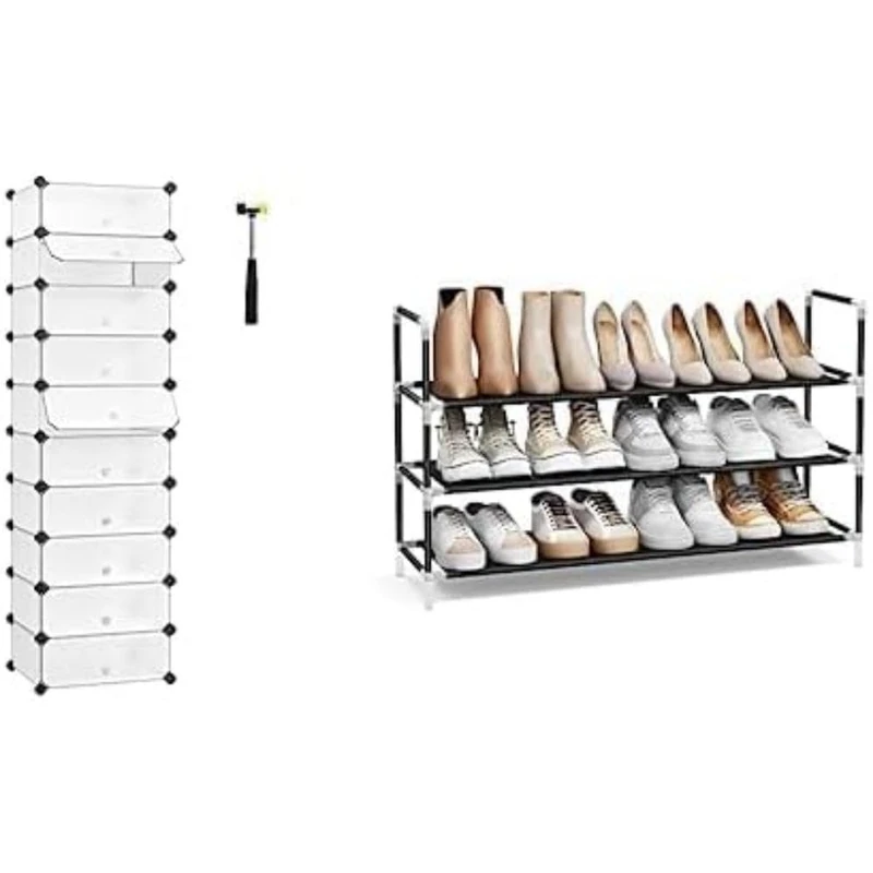 SONGMICS Schuhregal Kunststoff, rechteckiges Regalsystem mit 10 FÄchern, weiß LPC10W Schuhregal mit 3 Ebenen, Standregal, Schuhaufbewahrung, platzsparend, Vliesstoff, schwarz LSH053B01